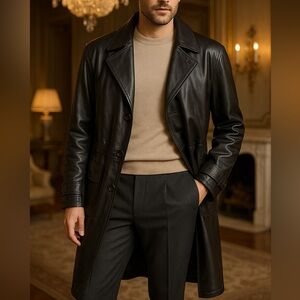 Vintage Men's Deep Brown Luxury Leather Trench Coat